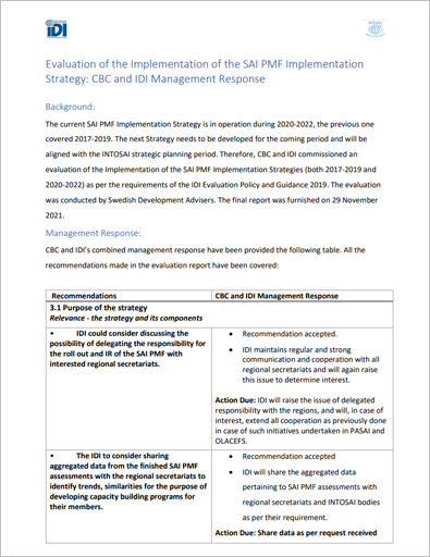 Evaluation of the Implementation of the SAI PMF Implementation Strategy: CBC and IDI Management Response Cover