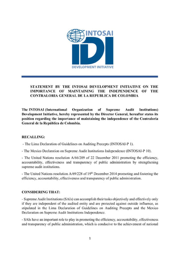 IDI Statement on the Contraloría General de la República de Colombia