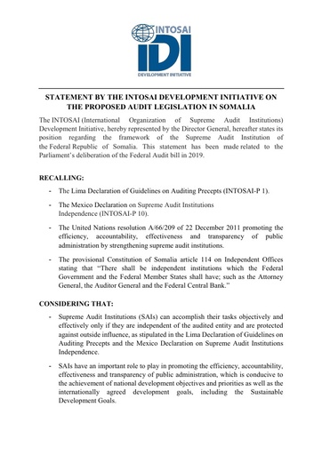 IDI Statement on Proposed Audit Legislation in Somalia