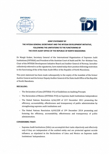 INTOSAI General Secretariat–IDI Joint Statement on SAI North Macedonia